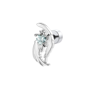 Silver angel wing ear stud with blue heart zircon and crown detail on white background