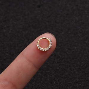 Makroaufnahme eines kleinen vergoldeten Nasenrings mit Zirkonia-Steinen auf der Fingerspitze