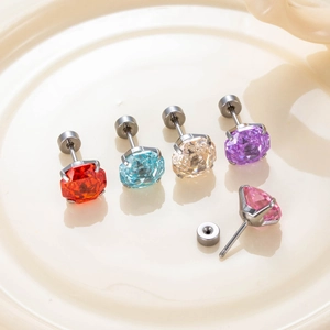 Set of titanium steel screw-back earrings featuring six-prong set colorful cubic zirconia