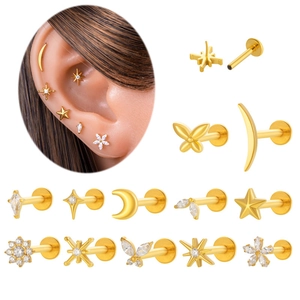 G23 Titanium Labret Stud Cartilage Earring Threadless Push In Zircon Star Moon Butterfly Flower Piercing Jewelry