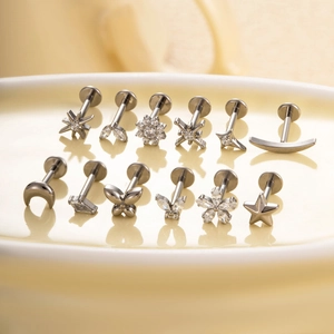 G23 titanium flat back piercing studs with silver moon star butterfly and clear CZ