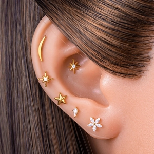 Titanium moon and star flat back piercing set with gold finish and zircon stones