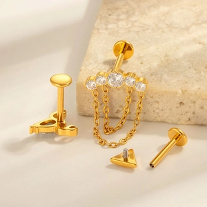 G23 titanium flat back labret jewelry with gold chains and zircon stone cluster