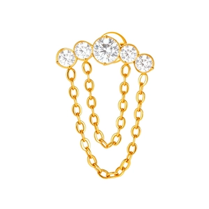 Titanium gold stud earring featuring curved white zircons and double layered hanging chains