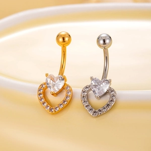 Polished stainless steel heart navel rings with micro-paved cubic zirconia stones
