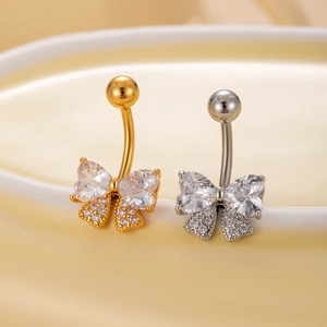 Polished heart bow belly button rings with cubic zirconia in gold and silver finish