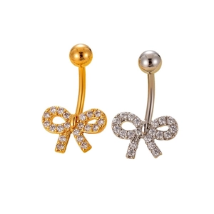 Stainless steel belly button rings with heart bow design and cubic zirconia in gold and silver
