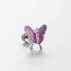 Titanium steel butterfly screw back earring with purple glitter wings for women