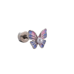 Elegant butterfly titanium steel stud earring with pearl and blue pink gradient wings