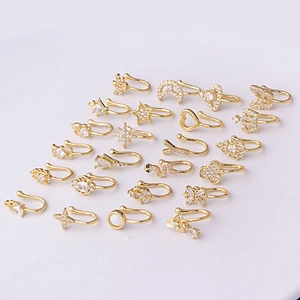 Set of gold non-piercing nose clips with micro-pave cubic zirconia in various shapes