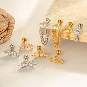 Assorted gold and silver titanium steel stud earrings with chains and zircon stones