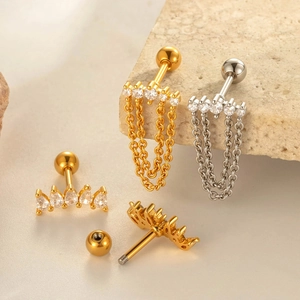 Titanium steel chain tassel earrings with zircon studs in gold and silver finish