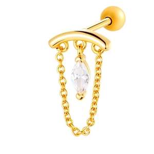 Gold titanium steel curved barbell earring with chain fringe and marquise zircon