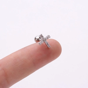 Clou d'oreille croix en acier inoxydable argenté avec zircon blanc et fermoir à vis