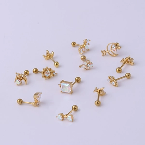12-teiliges Ohrstecker-Set aus Gold-Edelstahl mit bunten Aurora-Zirkonia-Kristallen