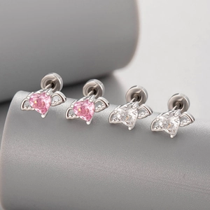 Titanium steel heart wing earrings set with pink and white cubic zirconia crystals