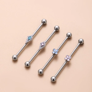 Industrial barbells with colorful cubic zirconia and opal flowers in polished steel