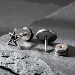Vintage stainless steel stud earring for men featuring a hollow star and screw-back closure