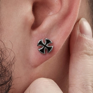Men's vintage silver stainless steel stud earring with black maltese cross design