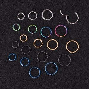 Detail von gedrehten und glatten Edelstahl-Clicker-Ringen in verschiedenen Metallfarben