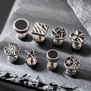 Stainless Steel Stud Earrings For Men Punk Vintage Style Geometric Pattern Sun Star Cross Piercing Jewelry Polished