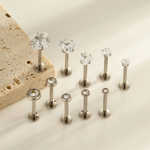 G23 titanium labret set with square and round cubic zirconia in various sizes