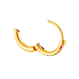 Golden hinged hoop earrings with colorful zircon stones on white background