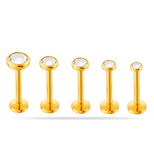 Set of five G23 titanium gold labret studs with round zircon in various sizes