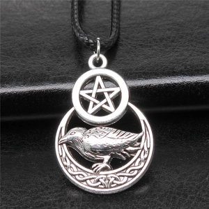 Vintage Gothic Crow Pentagram Pendant Necklace Antique Silver Alloy Mysterious Moon Raven Celtic Knot Men Jewelry