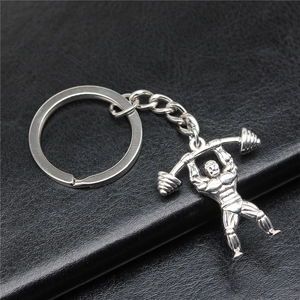 Porte-clés haltérophile en métal argenté avec pendentif barre sur cuir noir
