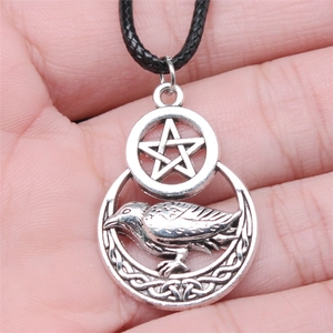 Vintage silver pentagram crow pendant on black cord necklace for men and women