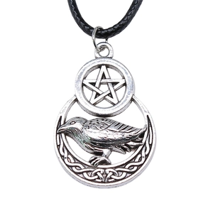 Vintage silver pentagram and raven pendant necklace with black leather rope for men