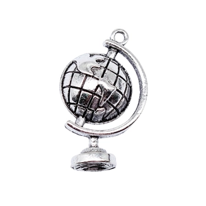 Antique silver globe pendant with embossed world map on a circular axis stand