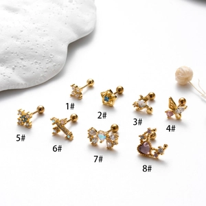 Lot de 8 boucles d'oreilles en acier inoxydable doré avec croix, papillon et zircons