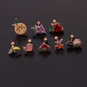 Set di orecchini a lobo a forma di frutta con zirconi colorati e acciaio inox oro rosa
