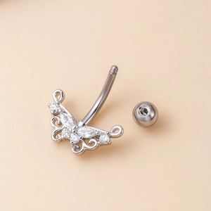Silver stainless steel belly button ring with zircon butterfly pendant and filigree design