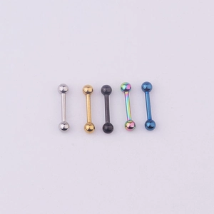 Five-piece medical steel piercing set featuring colorful double ball barbells for ears and nose