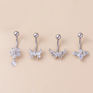 Surgical steel belly rings set with butterfly and bat zircon pendants in silver finish