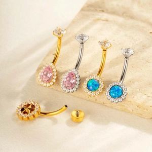 Set de piercings nombril en titane avec zircon rose et opale bleue design fleur