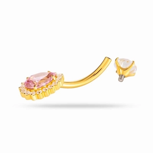 Piercing de nombril en titane G23 avec zircon rose et design fleur dorée élégant