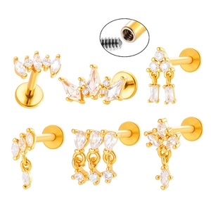 Internally Threaded Labret Stud Lip Ring Cartilage Earring Copper Inlaid Zircon With Titanium Alloy Post Flat Back Piercing Jewelry