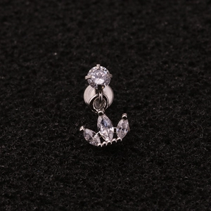 Close-up of stainless steel piercing stud with sparkling marquise zircon crown pendant