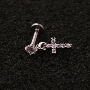 Silver surgical steel labret stud with zircon stone and dangling cross pendant jewel