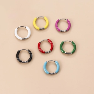 Set of seven colorful enamel stainless steel hoop earrings in minimalist geometric design
