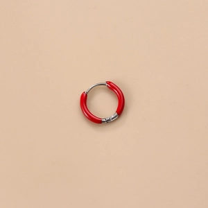 Minimalist silver stainless steel huggie earring with polished red enamel finish