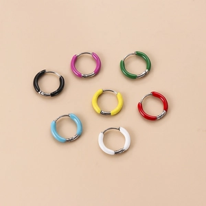 Set of seven colorful enamel stainless steel hoop earrings in vibrant geometric styles