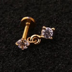 Golden stainless steel labret stud with dangling double cubic zirconia stones