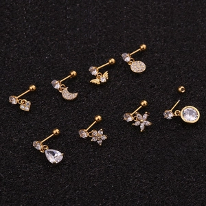 Gold stainless steel cartilage stud earrings set with crystal heart and flower charms