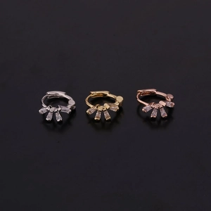 Detailed set of three fan-shaped zircon hoop earrings in silver, gold, and rose gold plating