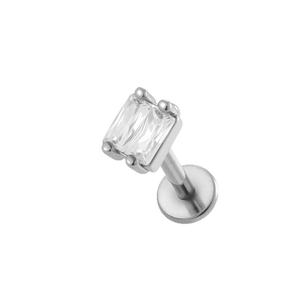 Titanium labret stud with a clear rectangular zircon setting and flat back design
